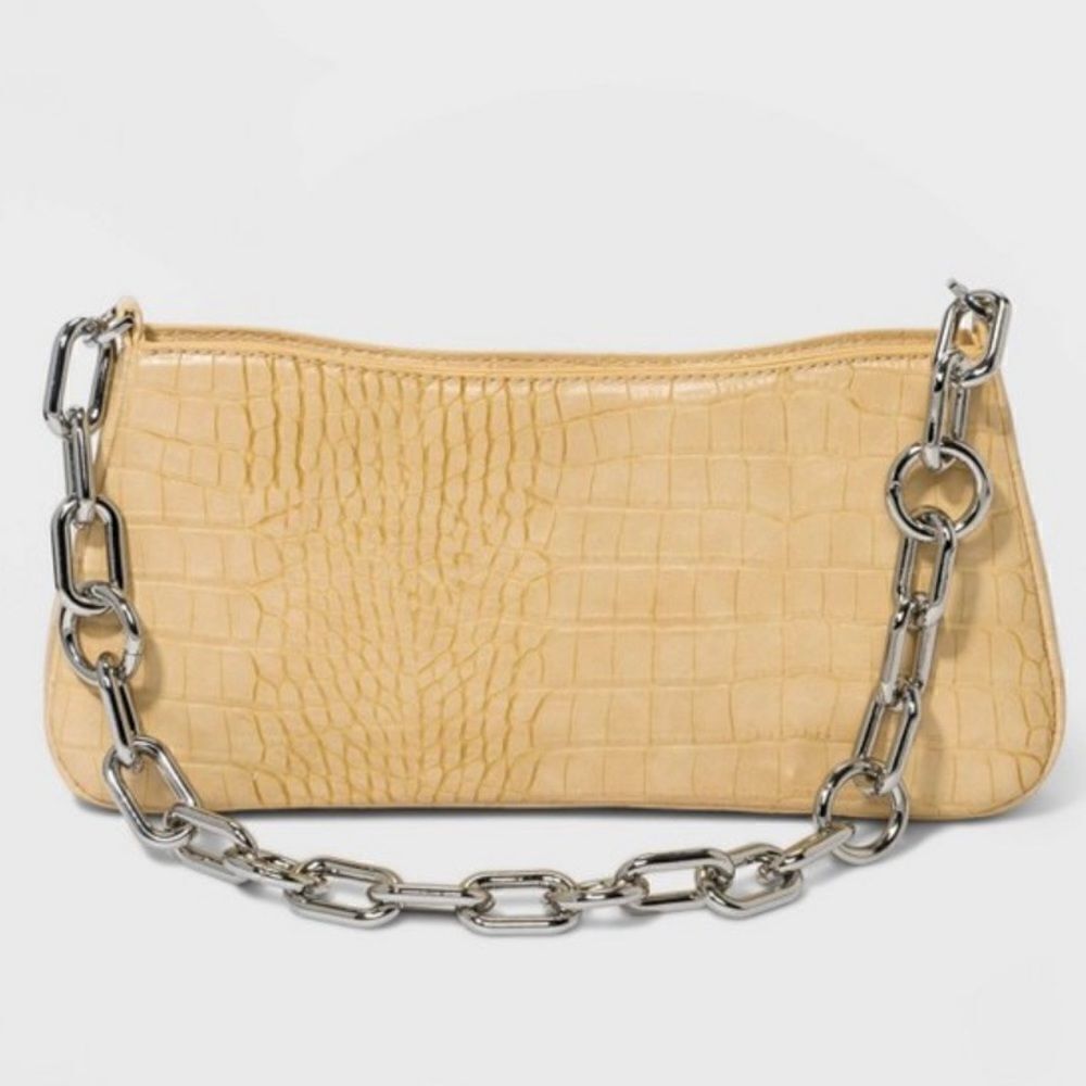NWT a new day Light Yellow Tan Croc Silver Metal Chain Pouch Shoulder Bag